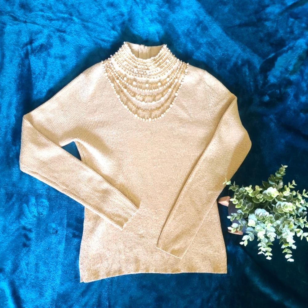 Aloud ClothingBeige Pearl High Neck Fine Knit Jumper sz L